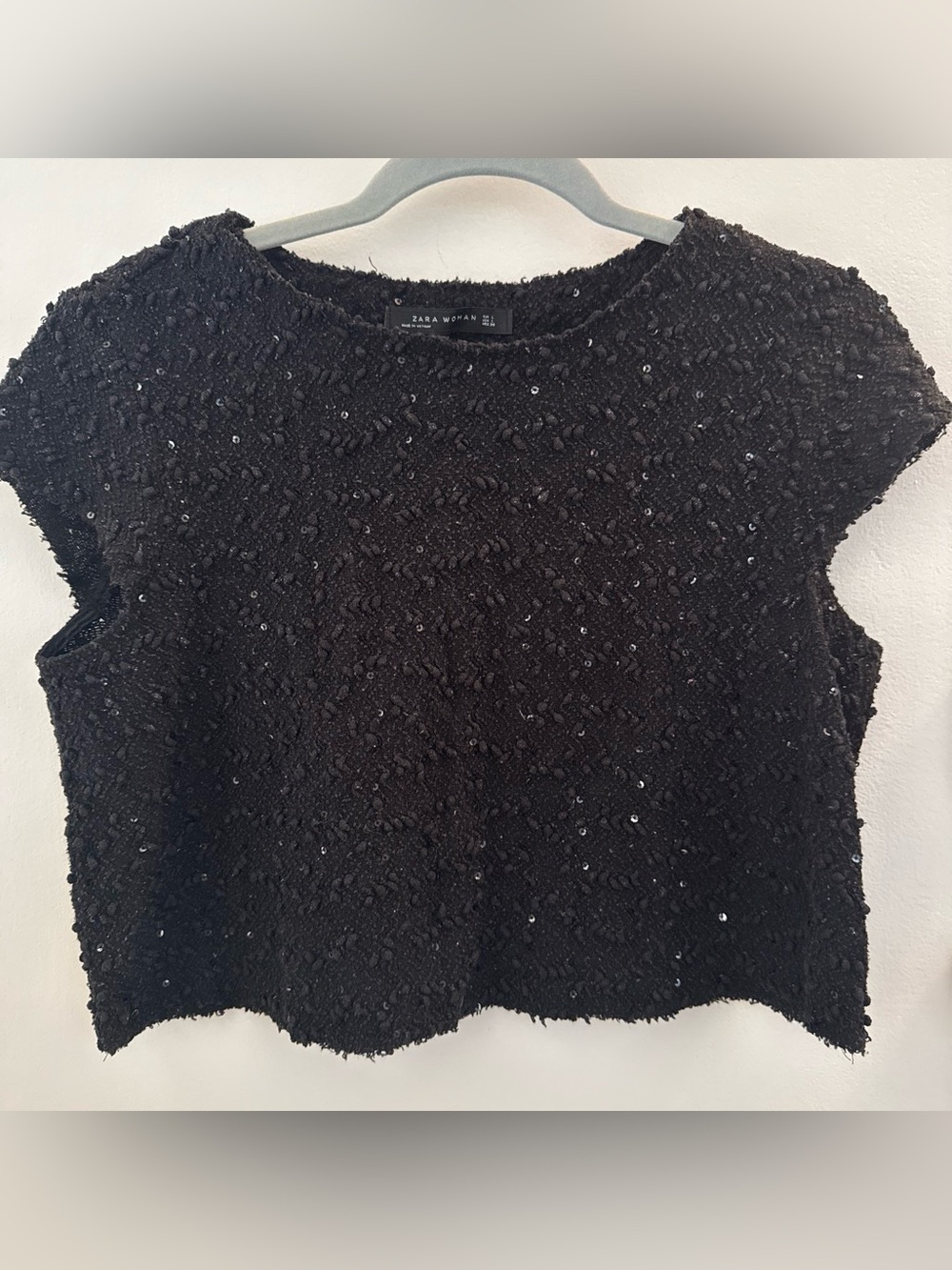 Zara Black Short-Sleeve Sequin Textured Crop Top